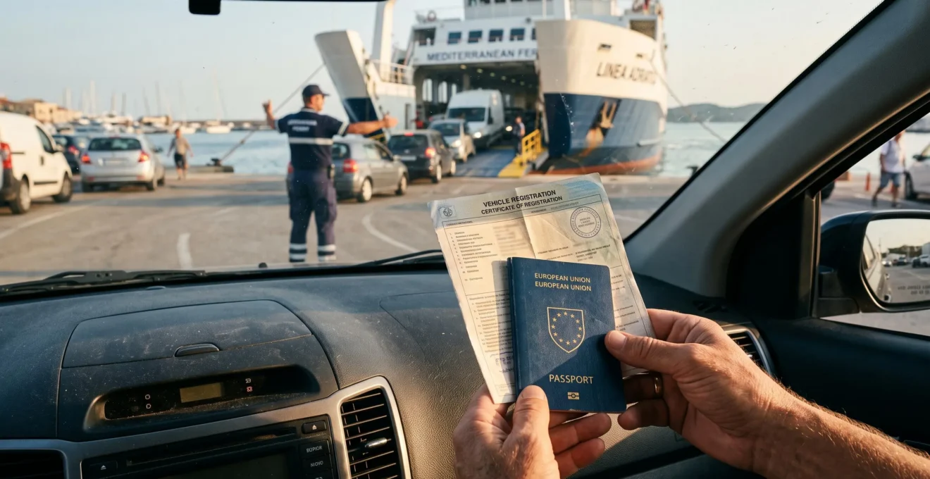 Des mains tiennent papiers du véhicule et passeport lors de l'embarquement en ferry.