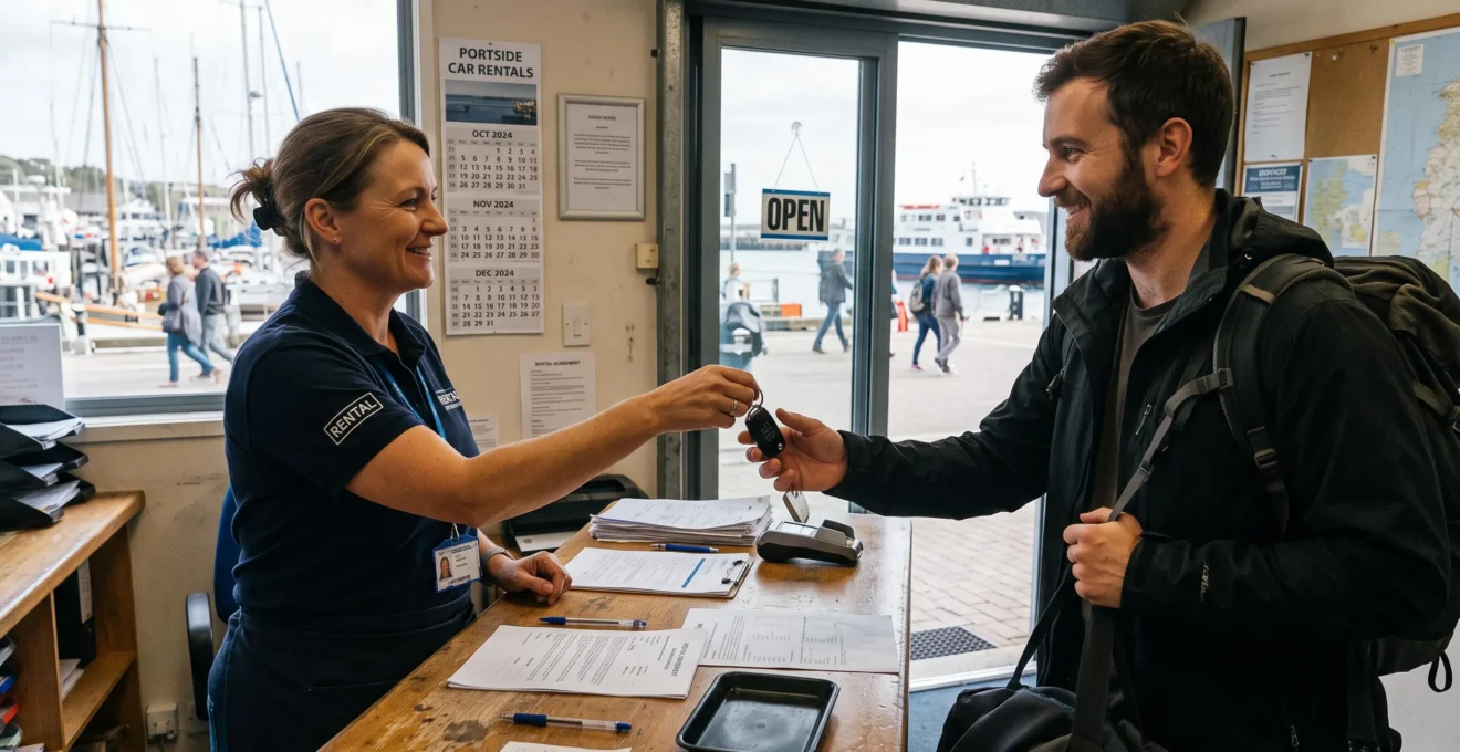 Un employé remet les clés d'une voiture de location à un client près du port.