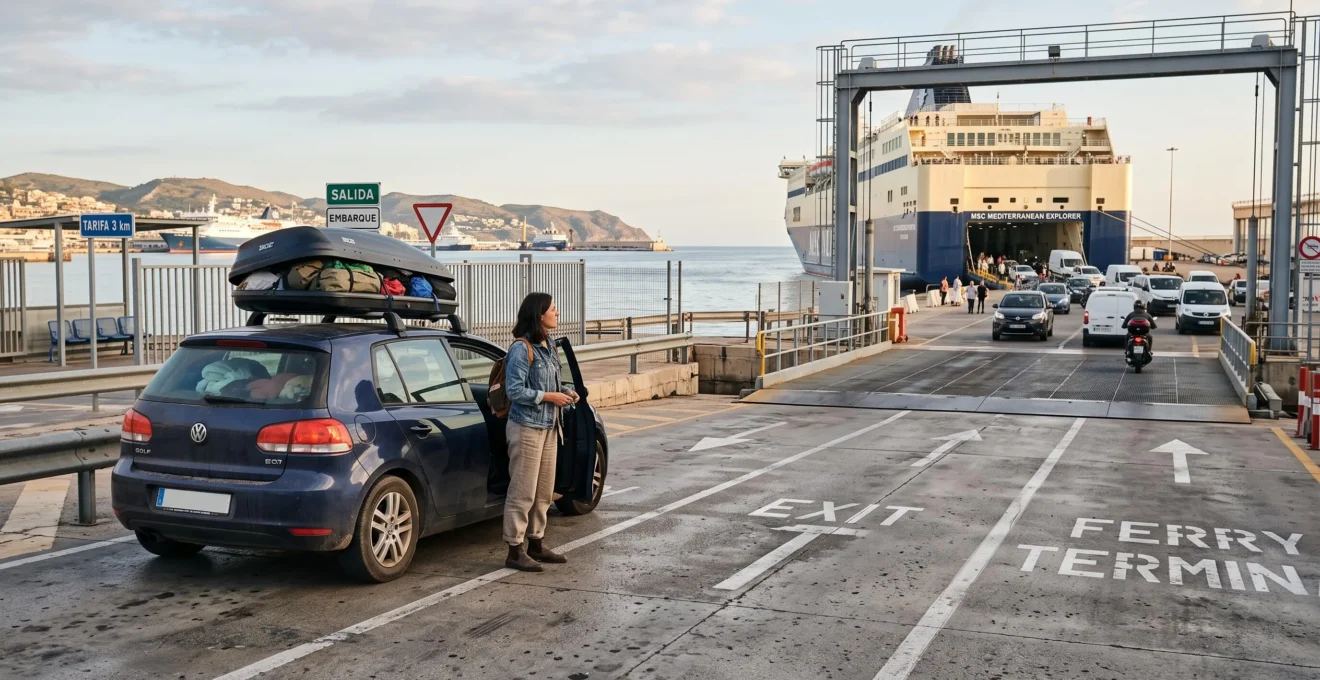 Un voyageur attend près de sa voiture à la sortie du terminal ferry du port.