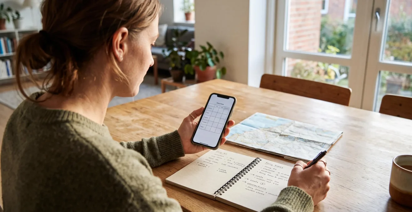 Une voyageuse compare les horaires de traversée sur son smartphone avant de réserver.
